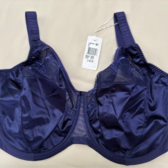 NWT Elomi Navy Blue Bra Sz 36N.  Sheer Upper Cup. Embroidered detail. - Picture 1 of 9